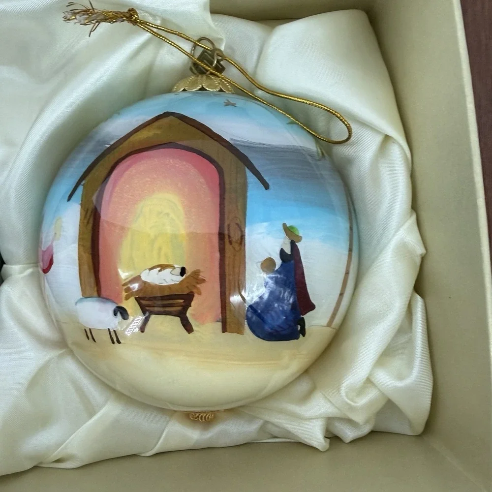 Three Hand Painted Pier One Li Bien 2018 Christmas Ornaments w/ 3 Position Box